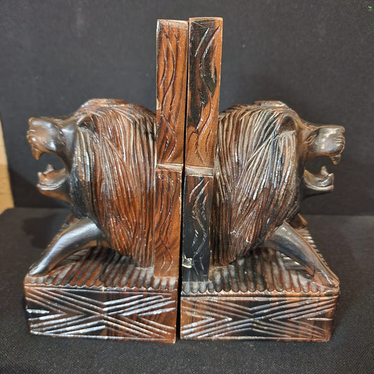 VINTAGE SOLID WOOD LION BOOKENDS