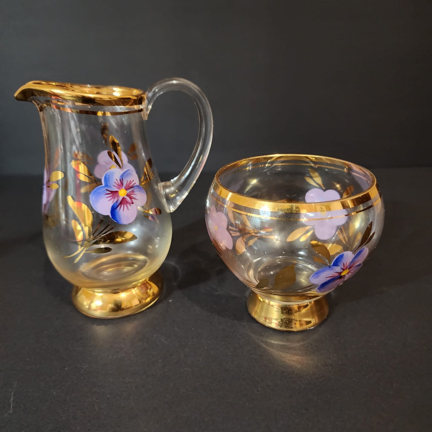 Vintage Clear Glass Creamer and Sugar Set With Hand Painted with Purple Flower and Gold