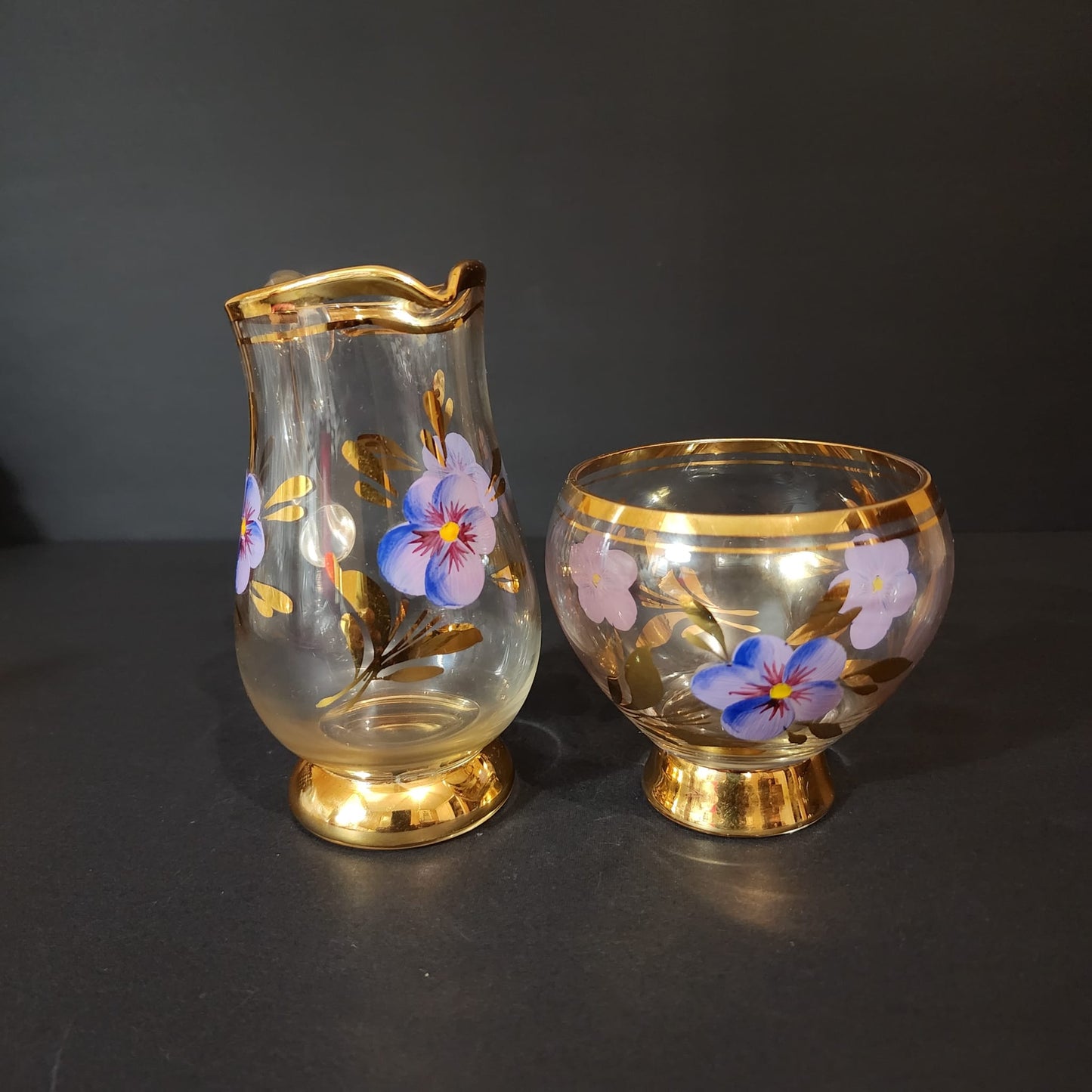 Vintage Clear Glass Creamer and Sugar Set With Hand Painted with Purple Flower and Gold